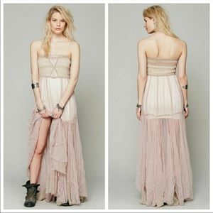 Free People Raw Tulle Maxi Slip Dress Beige and Pink